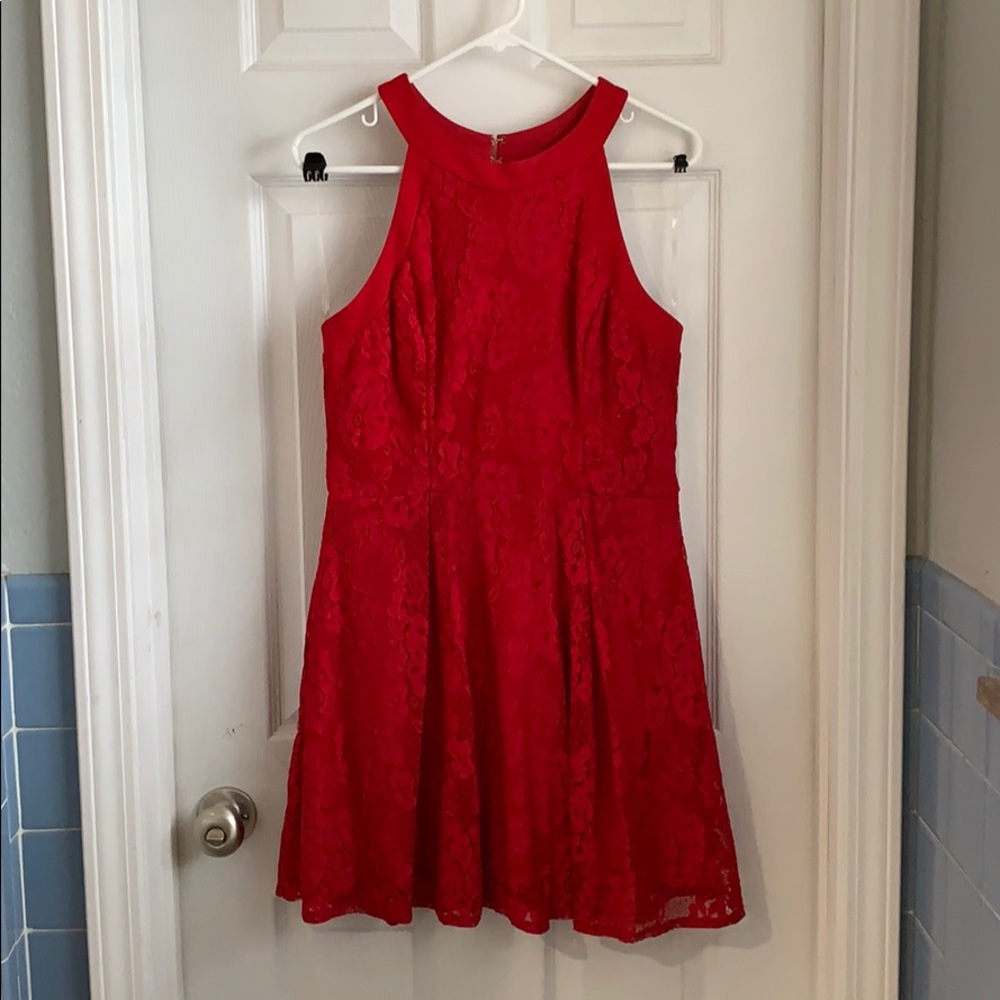 Red Lace Fit & Flare Dress With Pockets